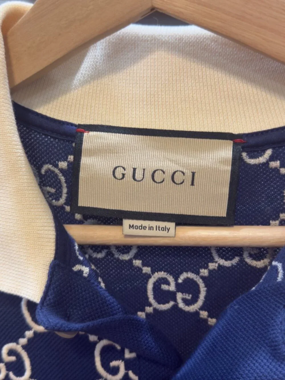 Gucci GG Monogram Jacquard Polo Shirt Navy Ivory Size Large Made in Italy